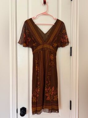 Anna Sui Anthropologie Silk Boho Floral Midi Dress with V-Neck V-Back Size 6